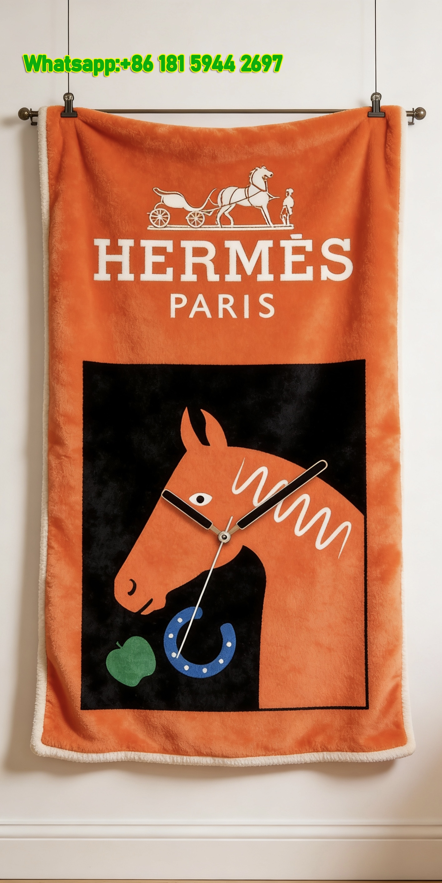 Hermes Orange Equestrian Clock Flannel Throw Blanket IMG_5302